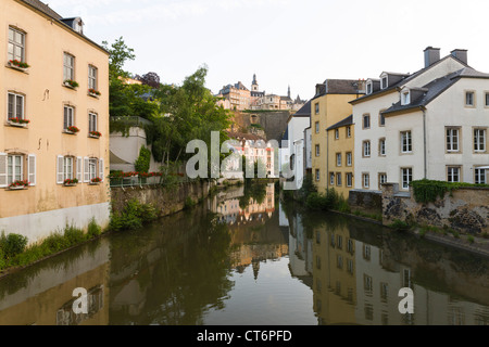 Traditional view from the bridge in the quarter Grund with a Mirror image of the old town of Luxembourg
