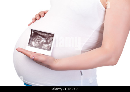 Pregnant Woman's Belly with Ultrasound Image, closeup Stock Photo