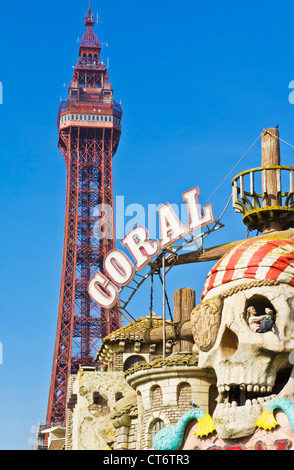 Blackpool tower with seafront amusements and fairground ride, 'Coral Island' Blackpool Lancashire England GB UK EU Europe Stock Photo