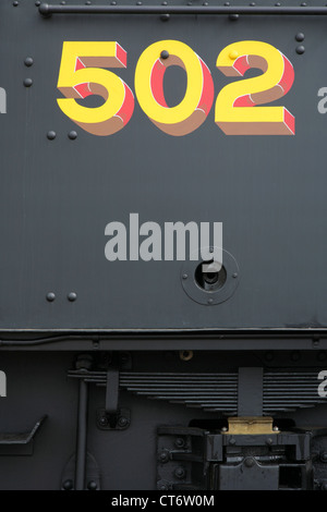 Cab of the preserved LNER steam locomotive Flying Scotsman in wartime black livery and numbered 502. Stock Photo