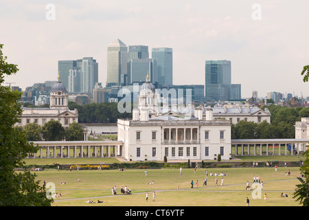 View from Greenwich over Queens House Royal Naval College and Canary Wharf, London, UK Stock Photo