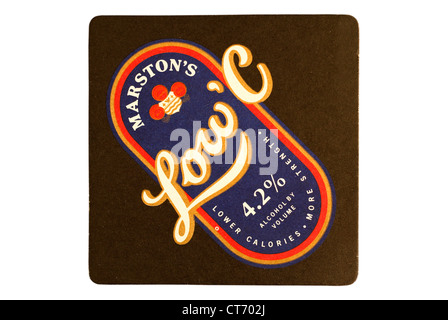 Beer Mat / drip mat - Marston's Brewery, Burton upon Trent, England featuring an advert for low calorie beer. Stock Photo