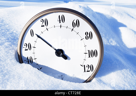 Temperature gauge in the snow showing slightly above zero degrees Fahrenheit. Stock Photo