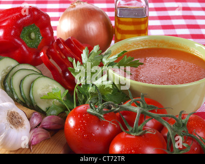 Gazpacho Andaluz. Is a raw vegetable soup native from the Spanish region Andalucia. It is served cold as starter. Stock Photo