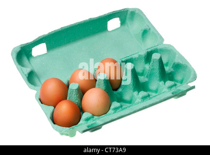 five red raw eggs lie in a green cardboard packaging environment isolated Stock Photo