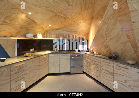 Red Bull Nederland Headquarters, Amsterdam, Netherlands. Architect: Sid Lee Architecture, 2011. Plywood-clad interior of kitchen Stock Photo