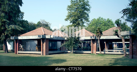 Gandhi Samarak Sangrahalaya at Sabarmati Ashram, Ahmedabad, India. Architect: Charles Correa, 1963. View from the garden showing Stock Photo