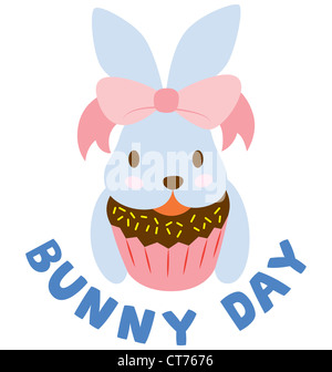 A cute bunny holding on a chocolate cupcake, wearing a big pink ribbon. Stock Photo