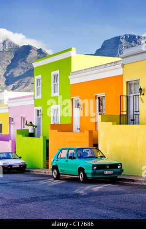 Bo-kaap terraced homes. Picturesque brightly coloured houses at base of Signal Hill, Cape town, Western Province, South Africa. Former Malay Quarter Stock Photo