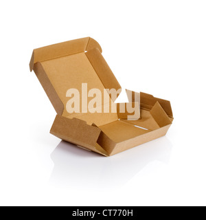 Opened empty unfolded cardboard box on white Stock Photo