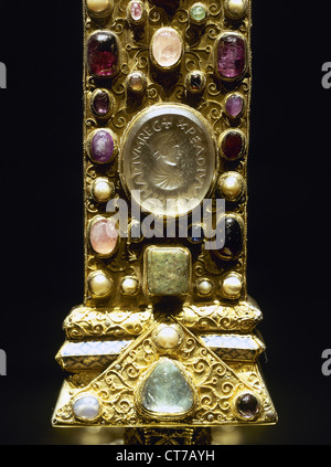 Cross of the Emperor Lothair II (835-869). 11th century. Gold and precious gems. Detail. Aachen Cathedral Treasury. Germany. Stock Photo