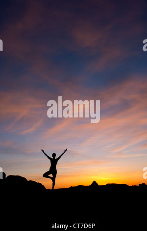 Young woman doing yoga in desert, silhouette Stock Photo