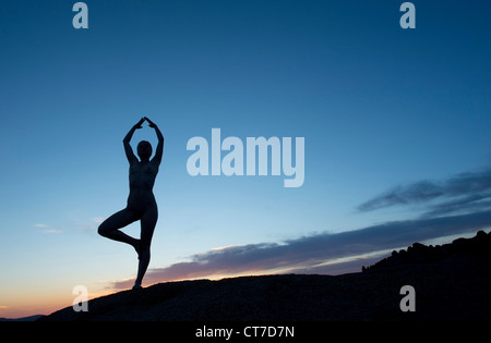 Young woman in tree pose in desert, silhouette Stock Photo