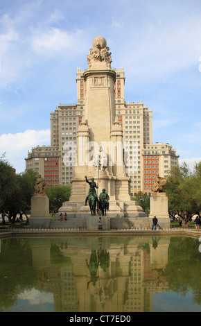 Spain, Madrid, Miguel de Cervantes monument, Plaza de Espana, Stock Photo