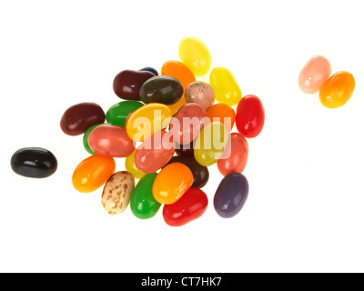Handful Of Multi-Coloured And Multi-Flavoured Authentic Traditional Jelly Beans Sweets Against A White Background With A Clipping Path and No People Stock Photo