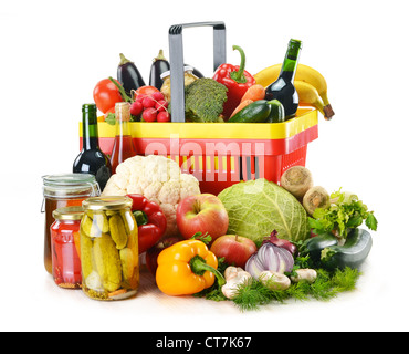 Composition with plastic shopping basket and grocery isolated on white Stock Photo