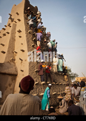 Crepissage festival. Restoration with fresh mud of the Sankore mosque.Timbuktu. Mali. North West Africa. Stock Photo