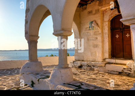 Views of the sea from the portico of the church of Agios Konstantinos, Paros, Cyclades, Greece Stock Photo
