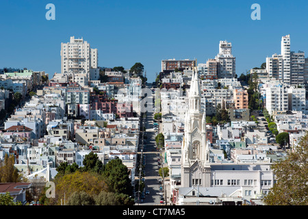 View along Filbert Street looking southwest past Saints Peter and Paul Church in the North Beach district of San Francisco. Stock Photo