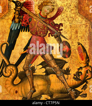 Saint Michael and the Dragon Spanish Valencian Painter Spain 15th century by Miguel Alcañiz - Alcanyís Spanish  Spain Stock Photo