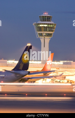 Muenchen, runway with the airport control tower Stock Photo