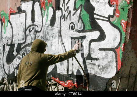 Brandenburg, a teenager spraying graffiti on a wall Stock Photo