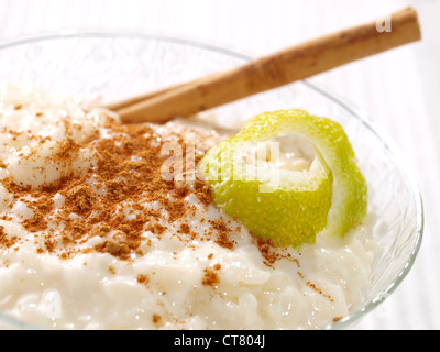 Rice Pudding – Arroz con leche. Spanish version of the rice pudding. Made with milk, rice,  sugar, and cinnamon. Stock Photo