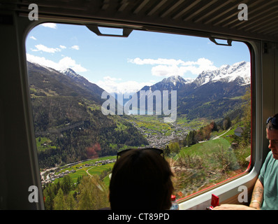 View of the Swiss Alps from the window of the Bernina Express train Stock Photo
