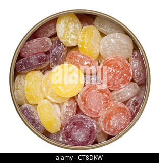 Tin of fruit flavoured boiled sweets Stock Photo