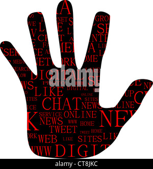Illustration of the hand, which is composed of text keywords on social media themes. Isolated on white Stock Photo