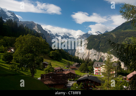 Wengen village and Lauterbrunnen valley looking south towards Jungfrau massif Bernese Oberland Switzerland Europe Stock Photo