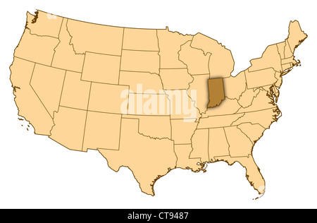 Map of United States where Indiana is highlighted. Stock Photo