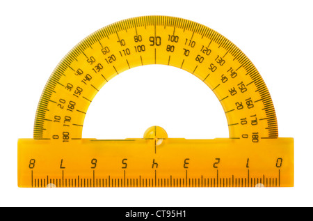 Yellow plastic protractor isolated on white