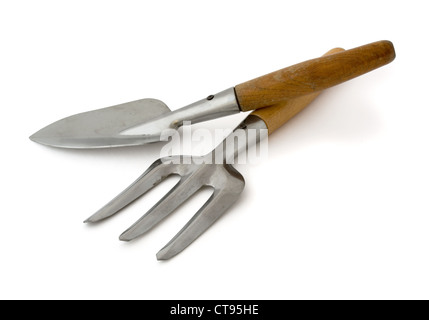 Old steel garden trowel and fork isolated on white Stock Photo