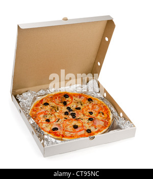 Pizza in take away box isolated on white Stock Photo