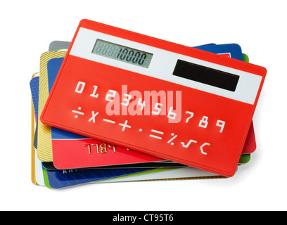 Red calculator and plastic credit cards isolated on white Stock Photo