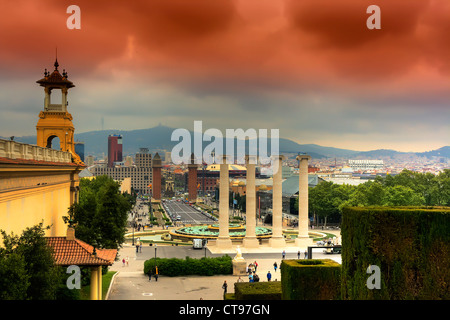 view at Placa De Ispania, from the Nation Museum in Barcelona. Spain with red cloudy sky Stock Photo