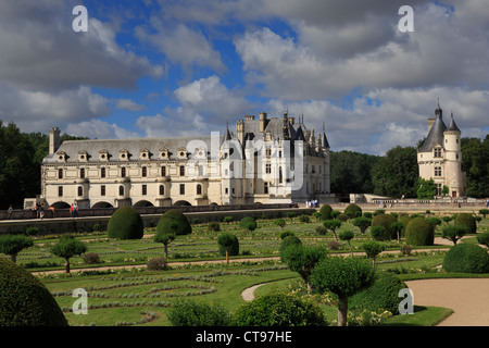 Diane de Poitiers Garden at Chateau Chenonceau, Loire Valley. Formal lawns with clipped topiary and volutes of santolina. Stock Photo
