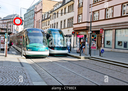 Tramway de Strasbourg,consists of six lines, A, B, C, D, E and F. Lines were opened Between 1994-2000,Approaching Rue Gutenberg. Stock Photo