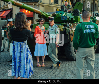 Paris, France, Public Events, Bastille Day Celebration 14th of July Military Parade, on the Champs-Elysees. Modern Day French Soldiers, Foreign Legion, Taking Photos, Posing Near Tank Stock Photo