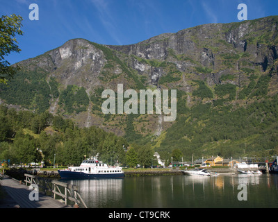 Tourist boats fjord and mountains in Flaam Norway, a preferred stop on any fjord cruise Stock Photo