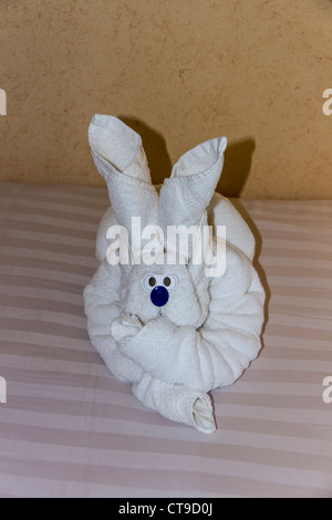Rabbit made from towels by cruise ship stewards when preparing rooms and beds for night for passengers on the Holland America Volendam. Stock Photo