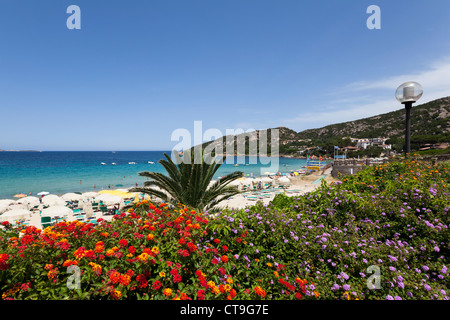 Beach promenade of Baja Sardinia with blooming flowers on Sardinia, Italy Stock Photo