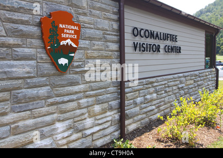 Ocanaluftee visitor center is located on the east entrance to Great Smoky Mountains National Park, near Cherokee North Carolina Stock Photo