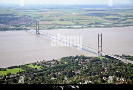 aerial view of the Humber Bridge from the north bank near Hull, East Yorkshire Stock Photo