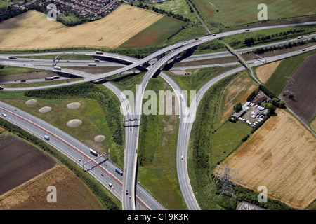 aerial view of the A1 and M62 motorway junction near Ferrybridge in West Yorkshire Stock Photo