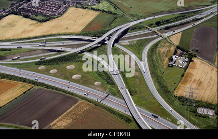 aerial view of the A1 and M62 motorway junction near Ferrybridge in West Yorkshire Stock Photo