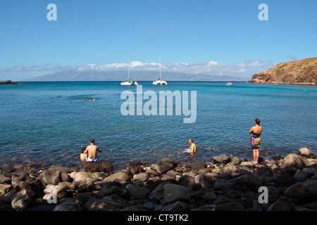 Snorkeling in Honolua Bay, Maui, Hawaii. Stock Photo