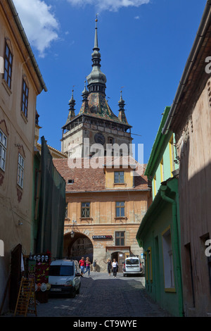 The Clock Tower in Sighişoara, Carpathian Transylvania, Târnava Mare River in Mureş County, Romania, Eastern Europe, EU Stock Photo