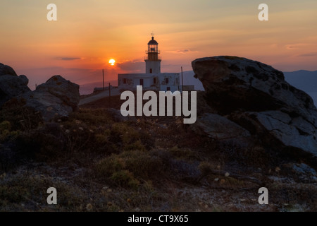 Lighthouse of Mykonos, Cape Armenistis, Greece at dusk Stock Photo